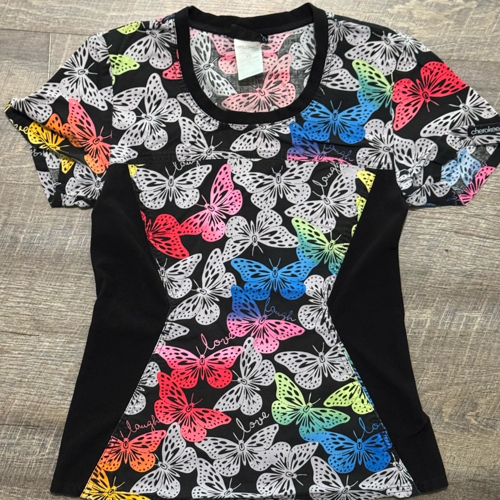 Cherokee Women's Colorful Butterfly “love” “laugh” Print Tee - Black